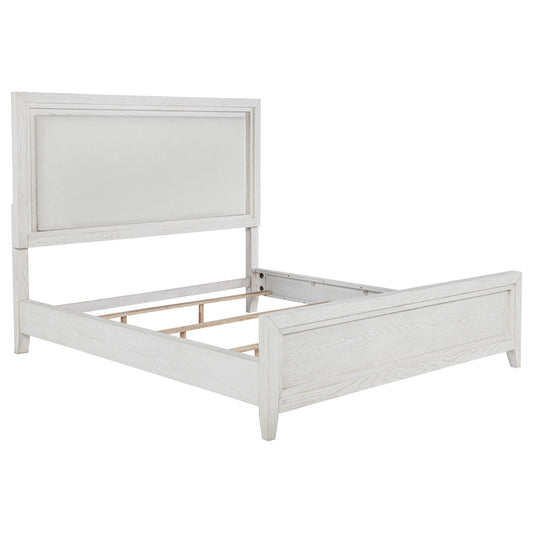 Marielle Eastern King Upholstered Panel Bed Distressed White