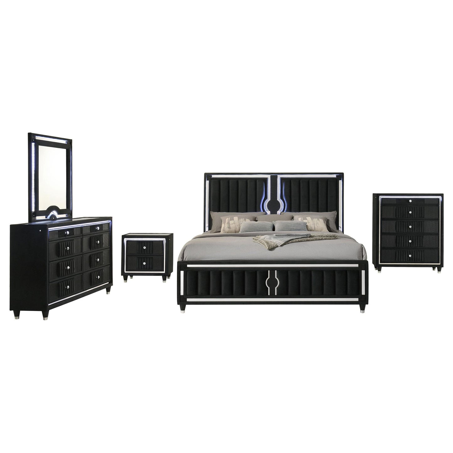 Ravenne 5-piece Velvet Upholstered Eastern King LED Bedroom Set Black