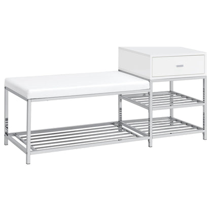Siega 1-Drawer Shoe Storage Entryway Bench White High Gloss and Chrome