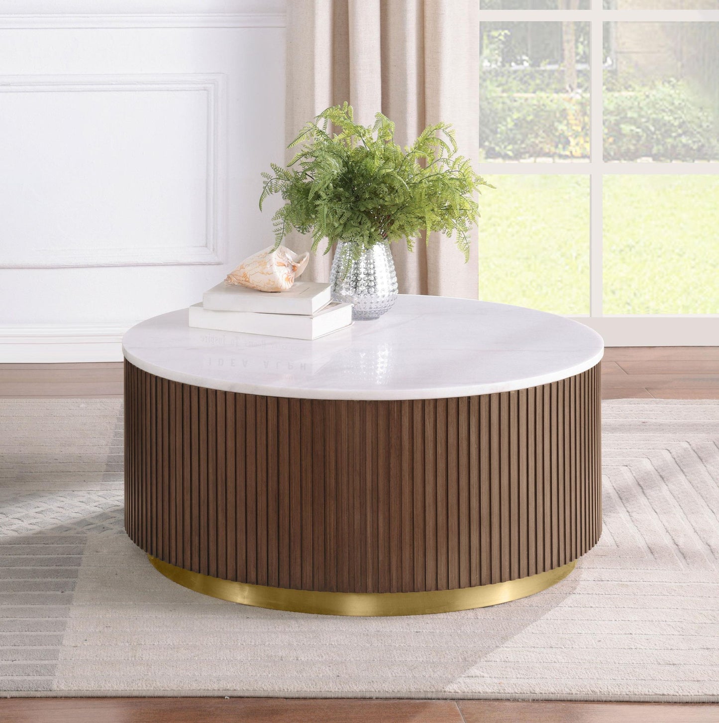 Jason Round White Marble Top Coffee Table Honey Brown