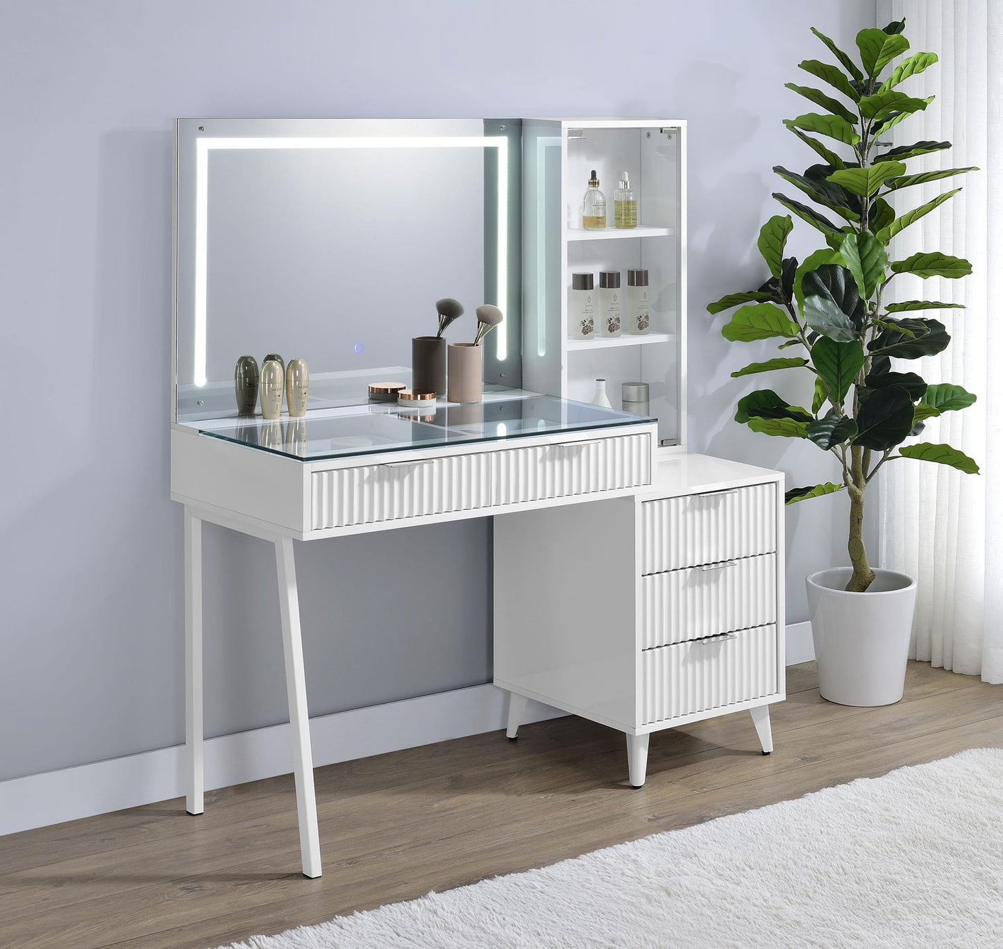 Souza 5-Drawer Makeup Vanity Table With LED Mirror White High Gloss