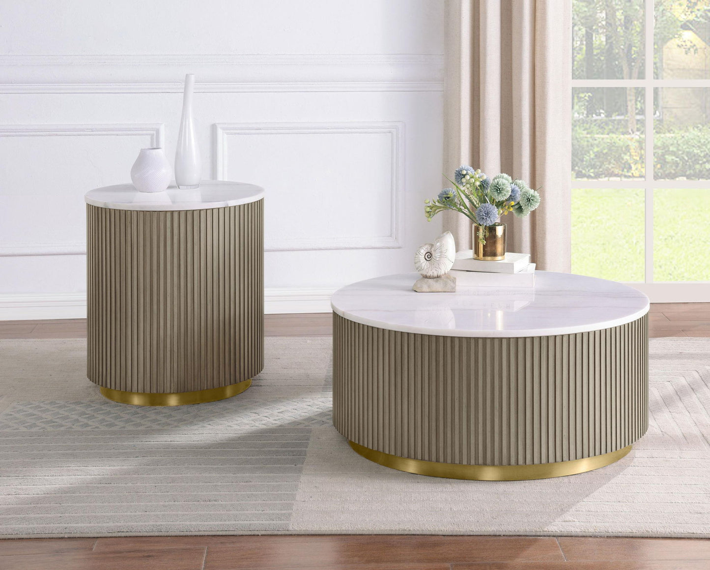 Jason 2-piece Round White Marble Coffee Table Set Greige