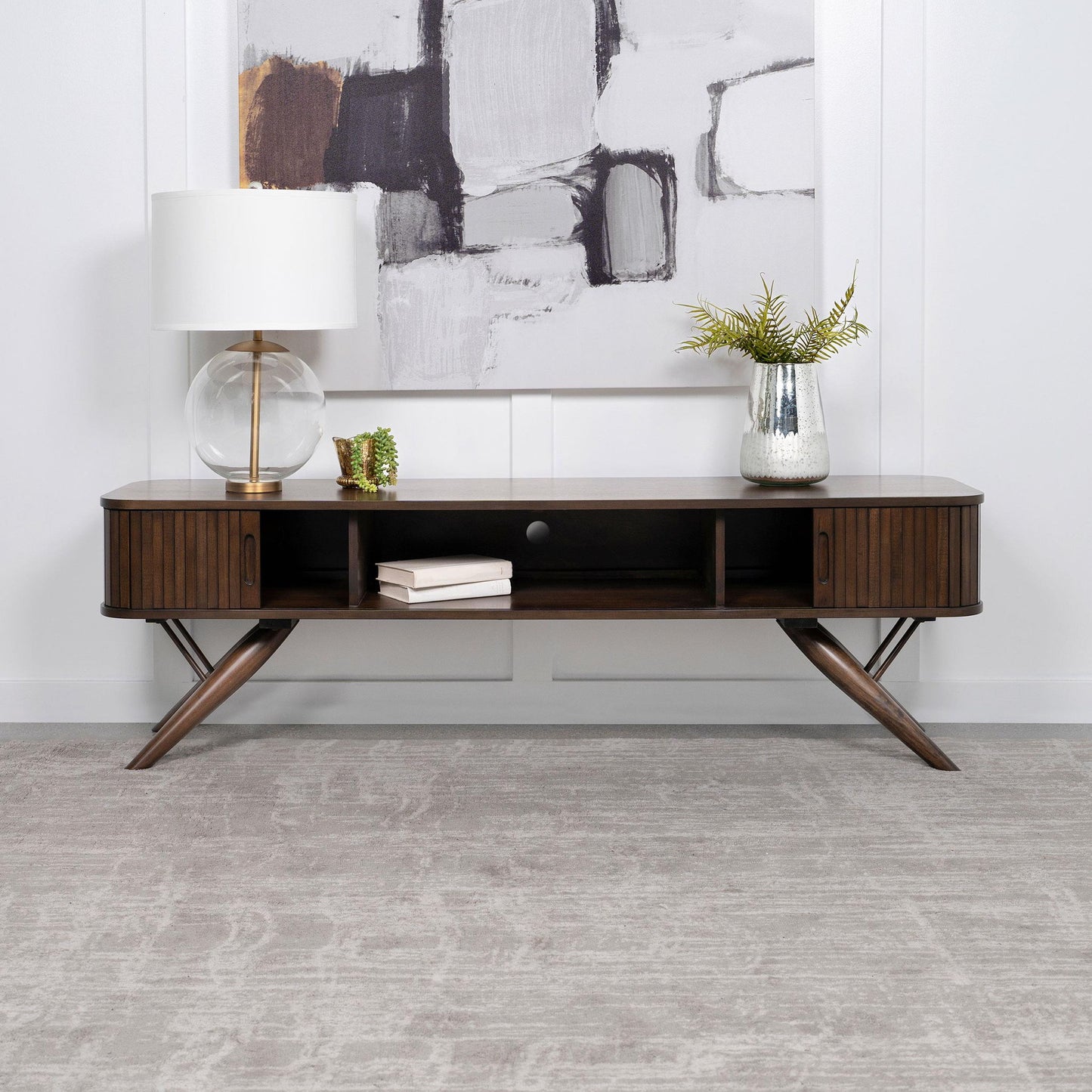 Valna Wood 71-inch TV Stand with Sliding Doors Walnut