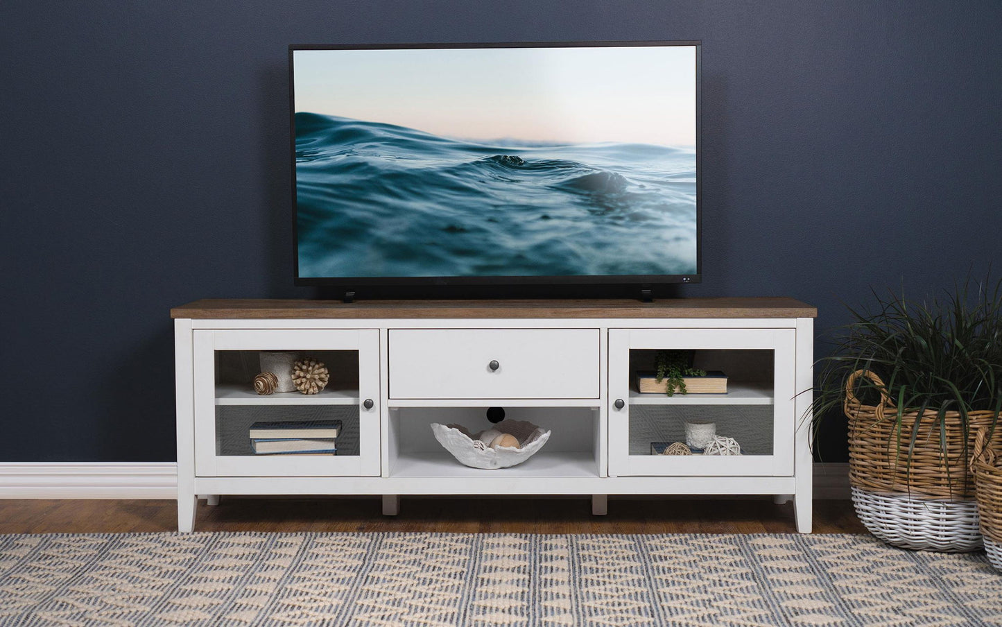 Hollis 2-door Wood 67-inch TV Stand with Drawer Brown and White